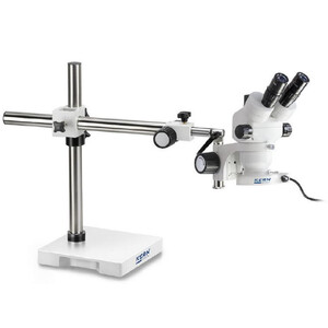 Kern Microscopio stereo zoom OZM 912, binocular, 7x-45x, HSWF 10x23 mm, Trípodes, Brazo único (430 mm x 385 mm) con tablero, Iluminador anular LED 4,5 W